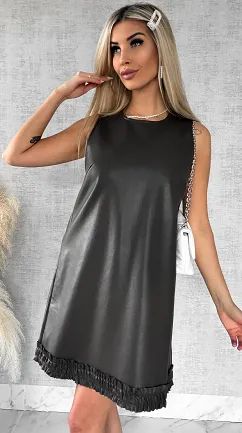 Świetna ciemno brązowa sukienka z eko skóry - R476