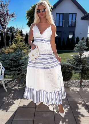 Ekskluzywna bawełniana długa sukienka na ramiączkach z kontrastowymi wstawkami - N298