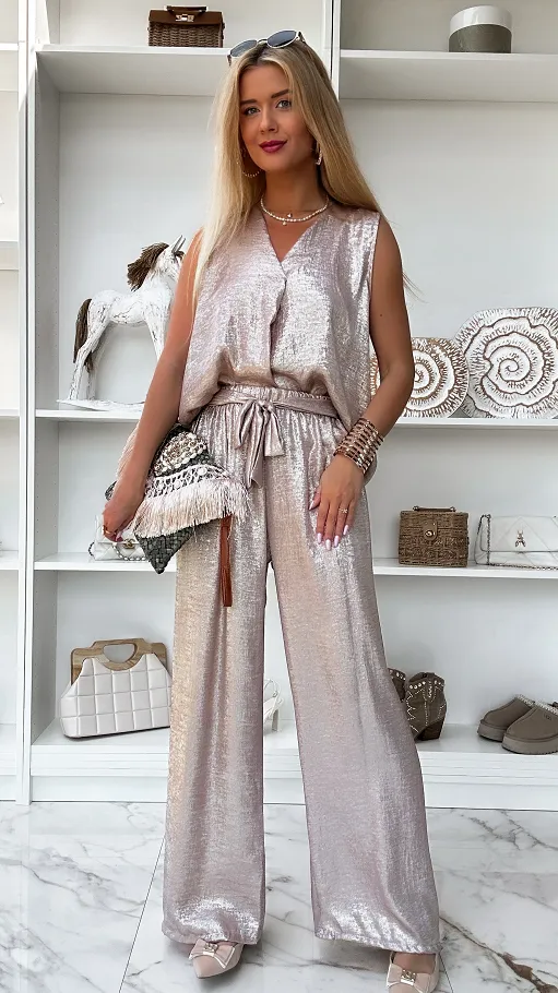 Lekki letni komplet w złotym kolorze bluzka + spodnie ONE SIZE - P814