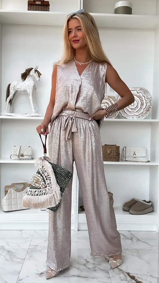 Lekki letni komplet w złotym kolorze bluzka + spodnie ONE SIZE - P814
