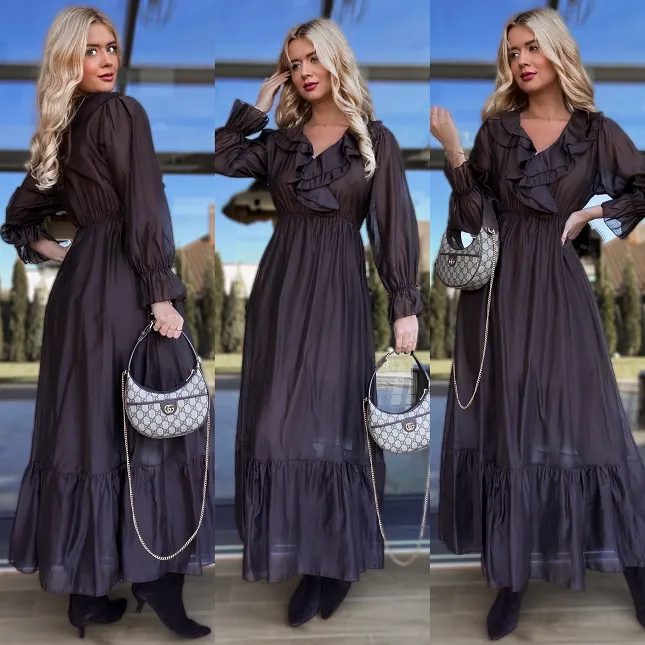 Piękna MAXI sukienka z długim rękawem ONE SIZE czekoladowa - R170A