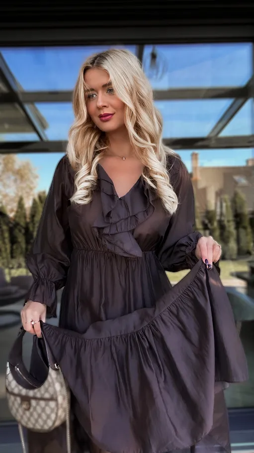 Piękna MAXI sukienka z długim rękawem ONE SIZE czekoladowa - R170A