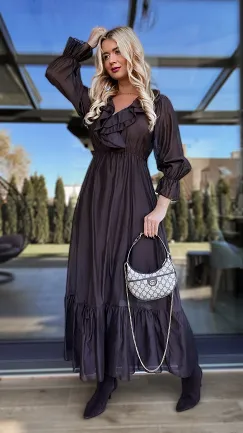 Piękna MAXI sukienka z długim rękawem ONE SIZE czekoladowa - R170A