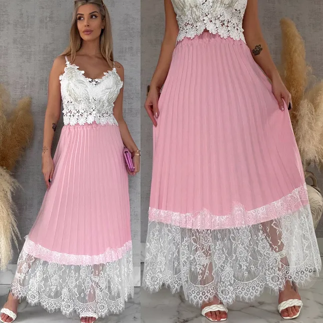Maxi różowa spódnica plisowana z białą koronką ONE SIZE - R549