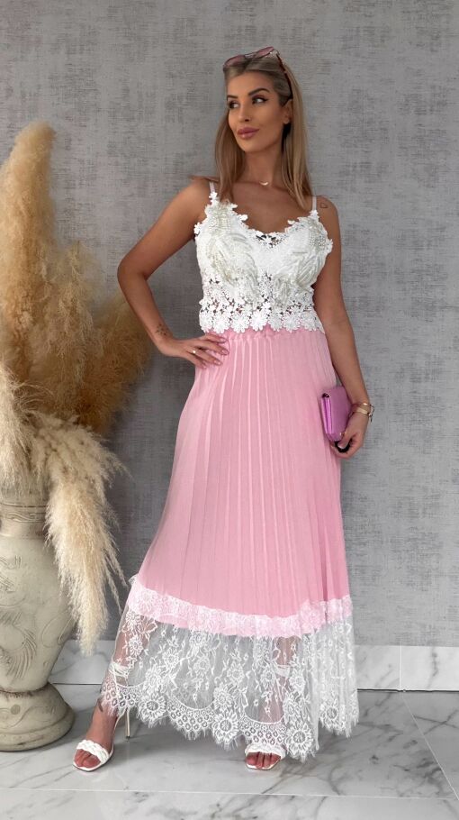 Maxi różowa spódnica plisowana z białą koronką ONE SIZE - R549
