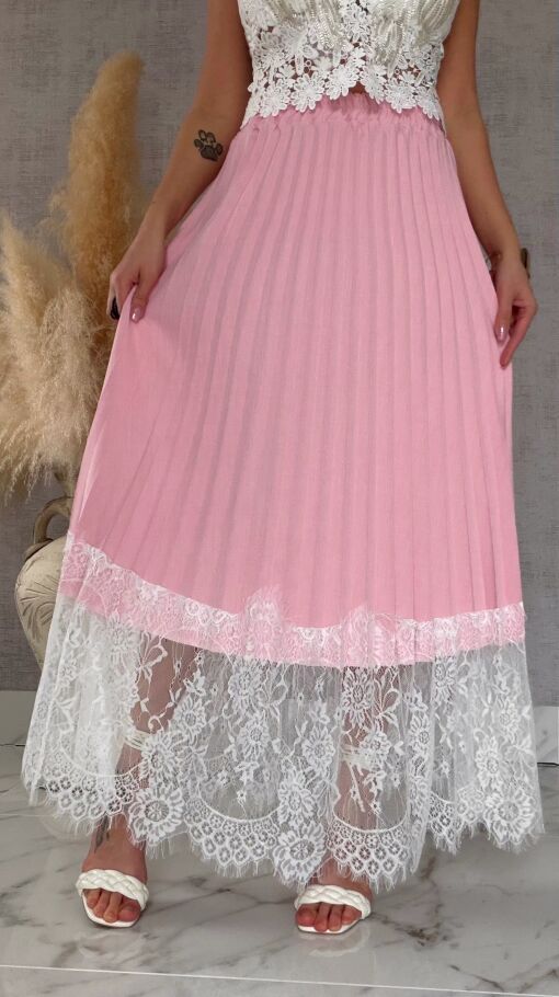 Maxi różowa spódnica plisowana z białą koronką ONE SIZE - R549