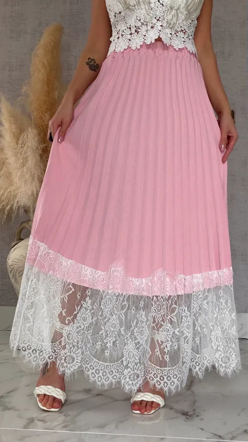 Maxi różowa spódnica plisowana z białą koronką ONE SIZE - R549
