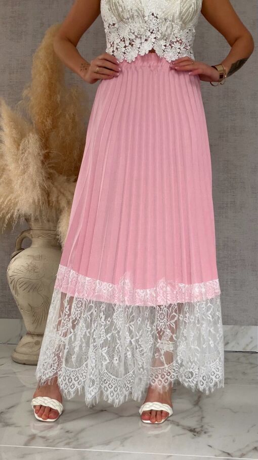 Maxi różowa spódnica plisowana z białą koronką ONE SIZE - R549