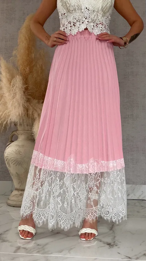 Maxi różowa spódnica plisowana z białą koronką ONE SIZE - R549
