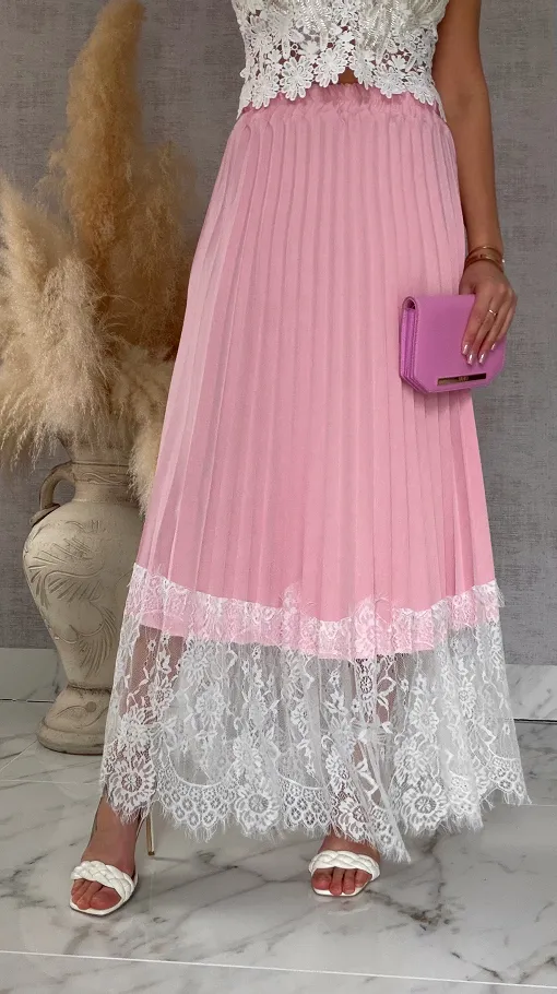 Maxi różowa spódnica plisowana z białą koronką ONE SIZE - R549