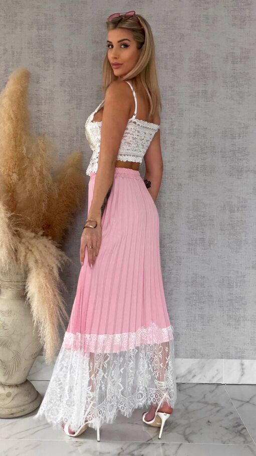Maxi różowa spódnica plisowana z białą koronką ONE SIZE - R549