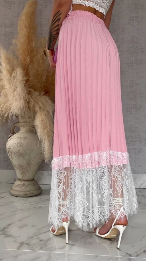 Maxi różowa spódnica plisowana z białą koronką ONE SIZE - R549