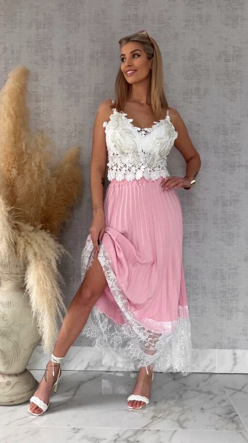 Maxi różowa spódnica plisowana z białą koronką ONE SIZE - R549