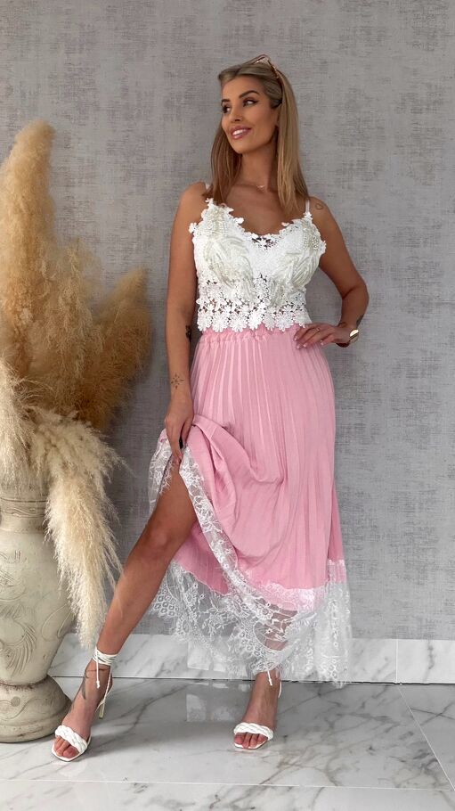 Maxi różowa spódnica plisowana z białą koronką ONE SIZE - R549