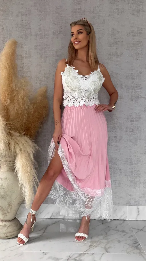 Maxi różowa spódnica plisowana z białą koronką ONE SIZE - R549