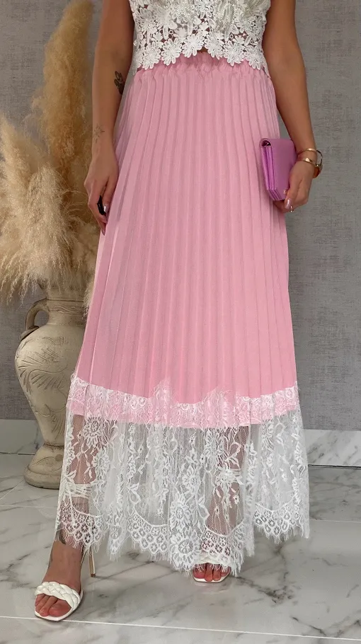Maxi różowa spódnica plisowana z białą koronką ONE SIZE - R549