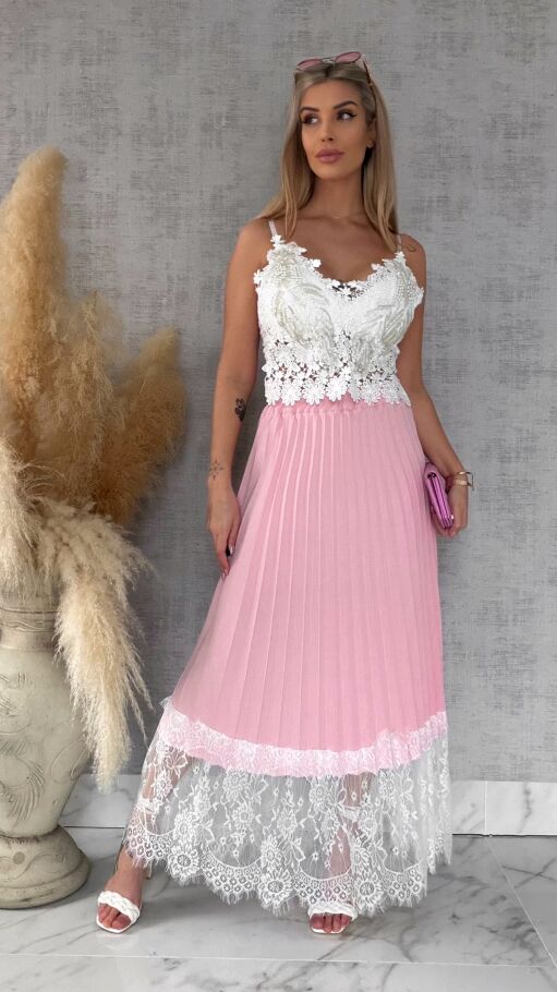 Maxi różowa spódnica plisowana z białą koronką ONE SIZE - R549