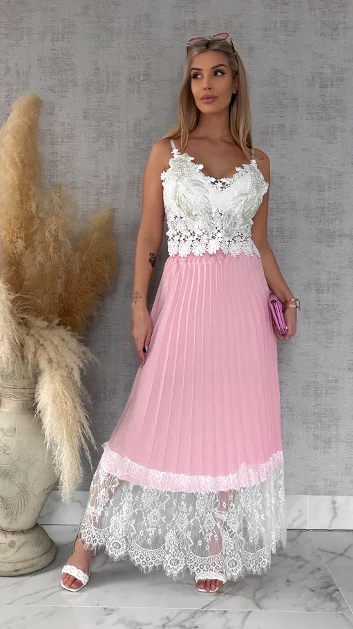 Maxi różowa spódnica plisowana z białą koronką ONE SIZE - R549