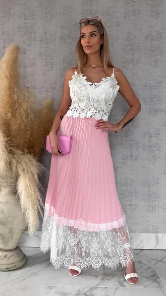 Maxi różowa spódnica plisowana z białą koronką ONE SIZE - R549