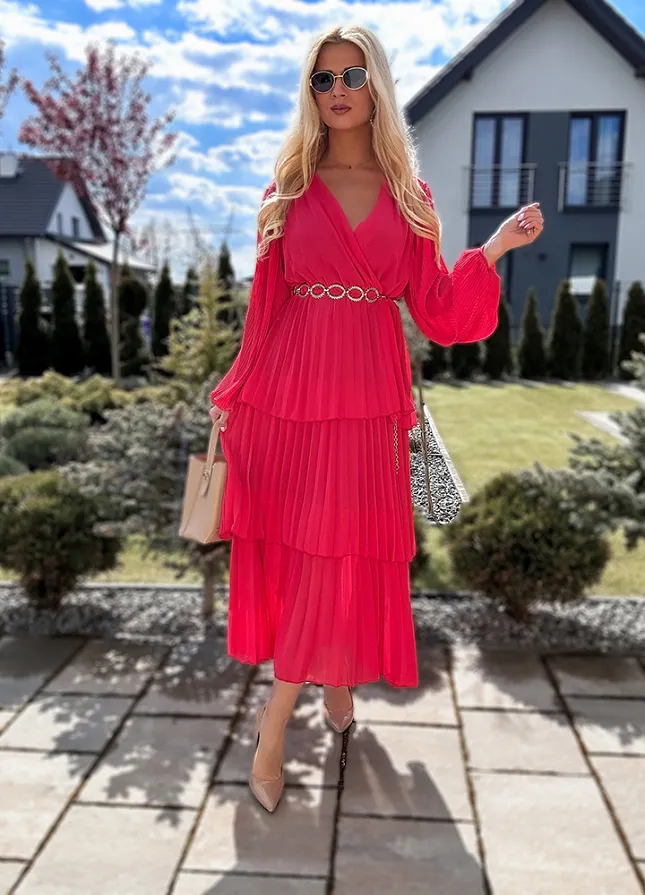 Elegancka sukienka MIDI z plisowaniem i kopertowym dekoltem MALINOWA - N096B