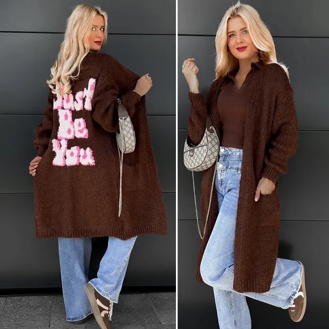 Długi kardigan JUST BE YOU w kolorze czekoladowym ONE SIZE - P976