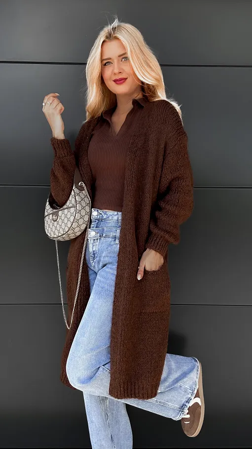 Długi kardigan JUST BE YOU w kolorze czekoladowym ONE SIZE - P976
