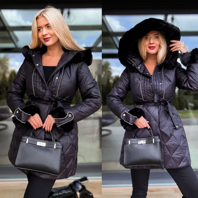 Pikowany zimowy płaszcz kurtka w kolorze czarnym - R203B