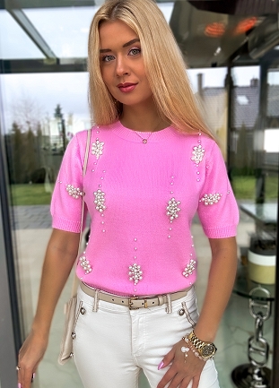 Wyjątkowy sweter z krótkim rękawem PEREŁKI pink - M758