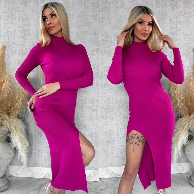 Midi sukienka dzianinowa w prążki z rozcięciem ONE SIZE fuksja - R578
