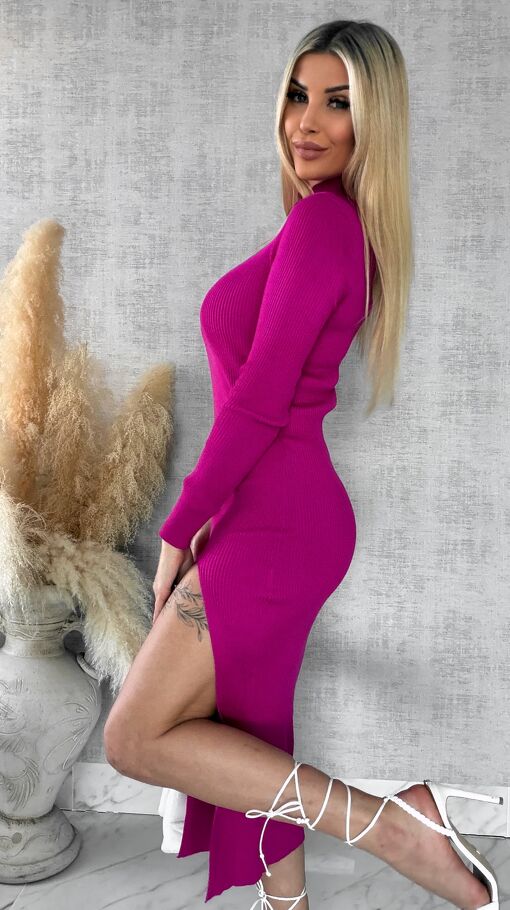 Midi sukienka dzianinowa w prążki z rozcięciem ONE SIZE fuksja - R578