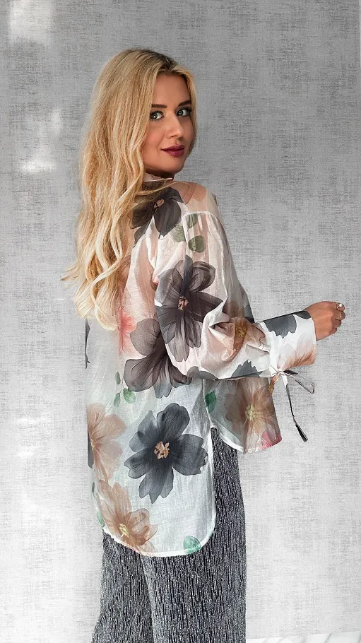 Asymetryczna bluzka MGIEŁKA w malowane czarne kwiaty ONE SIZE - P432