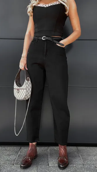 Czarne elastyczne spodnie jeansowe z paskiem BALLOON JEANS - P989
