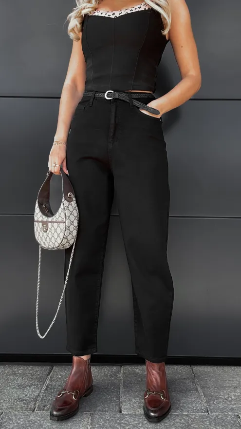 Czarne elastyczne spodnie jeansowe z paskiem BALLOON JEANS - P989