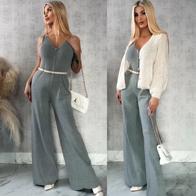 Szary dzianinowy kombinezon w prążki ONE SIZE wiskoza - R363