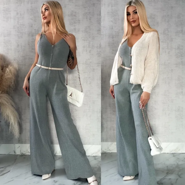 Szary dzianinowy kombinezon w prążki ONE SIZE wiskoza - R363