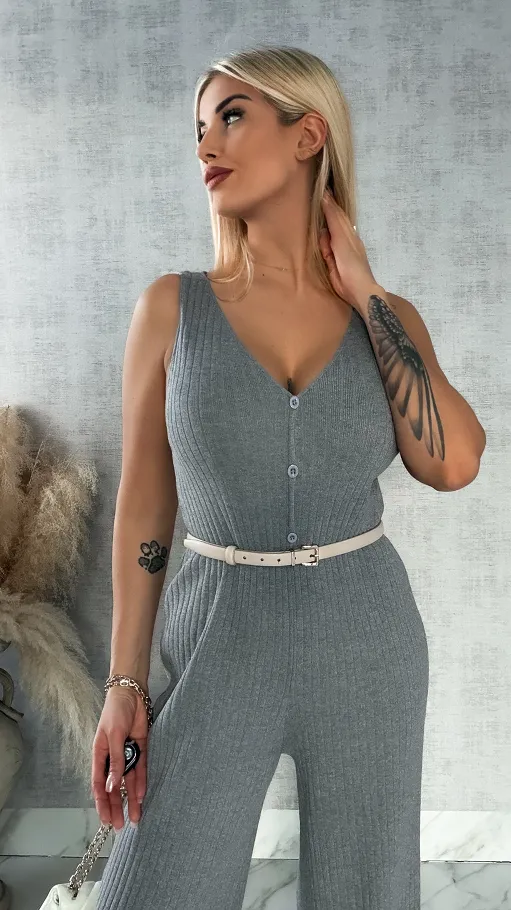 Szary dzianinowy kombinezon w prążki ONE SIZE wiskoza - R363