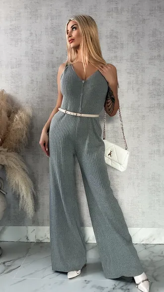 Szary dzianinowy kombinezon w prążki ONE SIZE wiskoza - R363