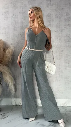 Szary dzianinowy kombinezon w prążki ONE SIZE wiskoza - R363