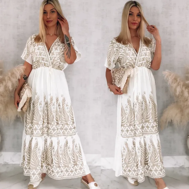 Piękna biała sukienka MAXI haftowana na złoto ONE SIZE - R915