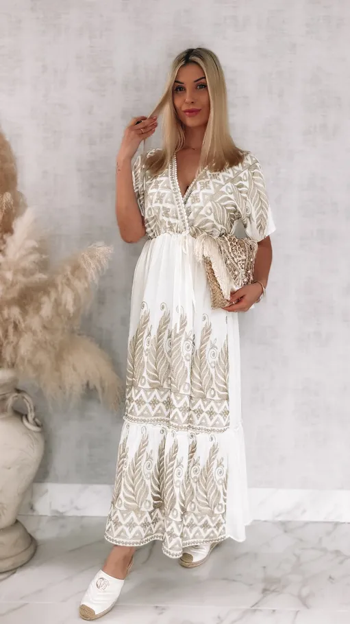 Piękna biała sukienka MAXI haftowana na złoto ONE SIZE - R915