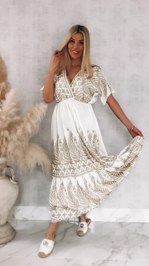 Piękna biała sukienka MAXI haftowana na złoto ONE SIZE - R915