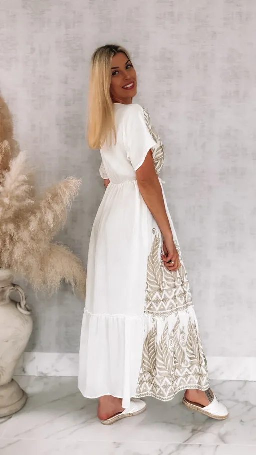 Piękna biała sukienka MAXI haftowana na złoto ONE SIZE - R915