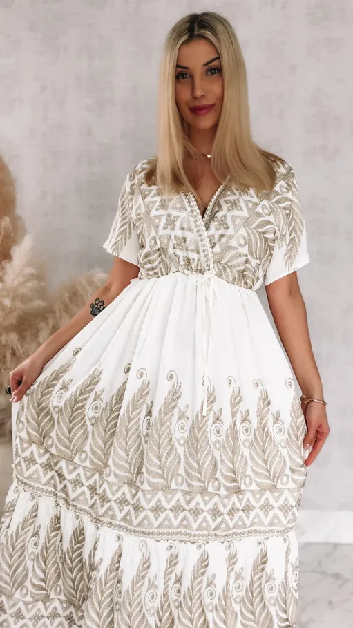 Piękna biała sukienka MAXI haftowana na złoto ONE SIZE - R915
