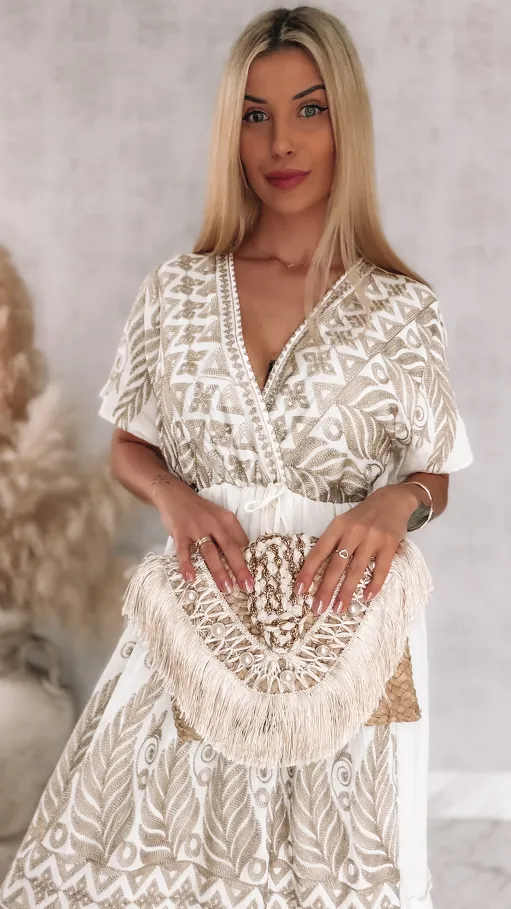 Piękna biała sukienka MAXI haftowana na złoto ONE SIZE - R915