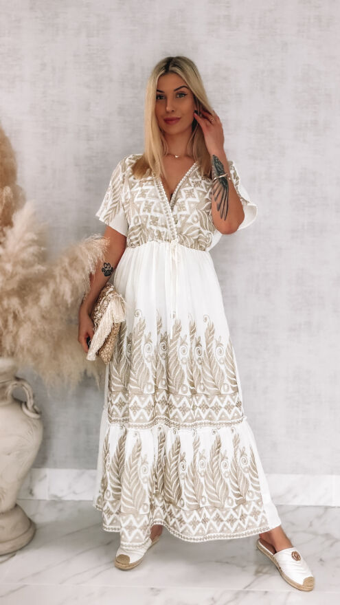 Piękna biała sukienka MAXI haftowana na złoto ONE SIZE - R915