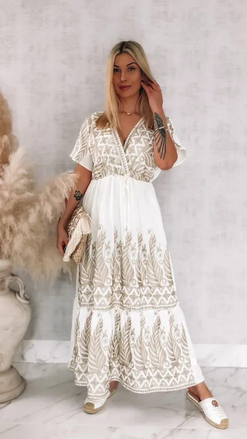 Piękna biała sukienka MAXI haftowana na złoto ONE SIZE - R915
