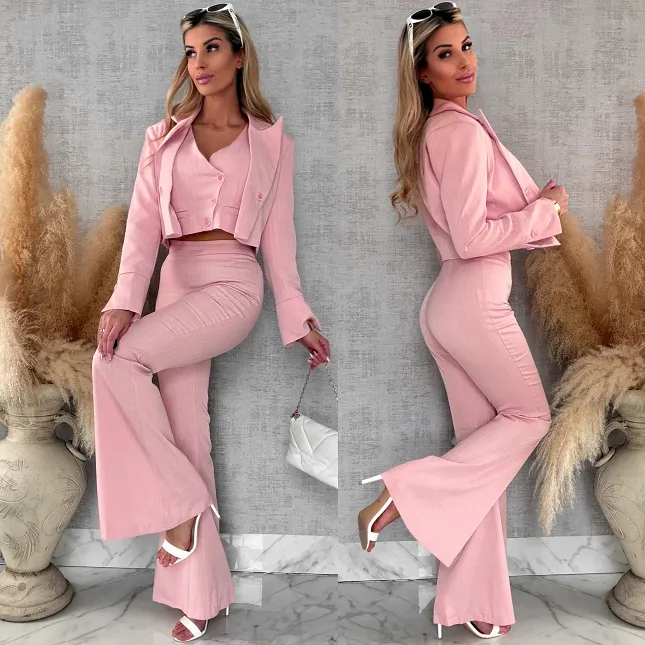 Elegancki różowy komplet w paski 3w1 żakiet + kamizelka + spodnie - R490B