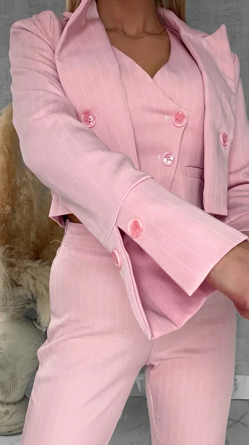 Elegancki różowy komplet w paski 3w1 żakiet + kamizelka + spodnie - R490B