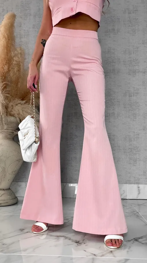 Elegancki różowy komplet w paski 3w1 żakiet + kamizelka + spodnie - R490B