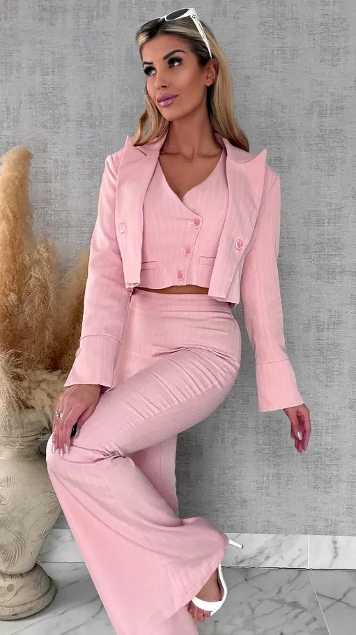 Elegancki różowy komplet w paski 3w1 żakiet + kamizelka + spodnie - R490B
